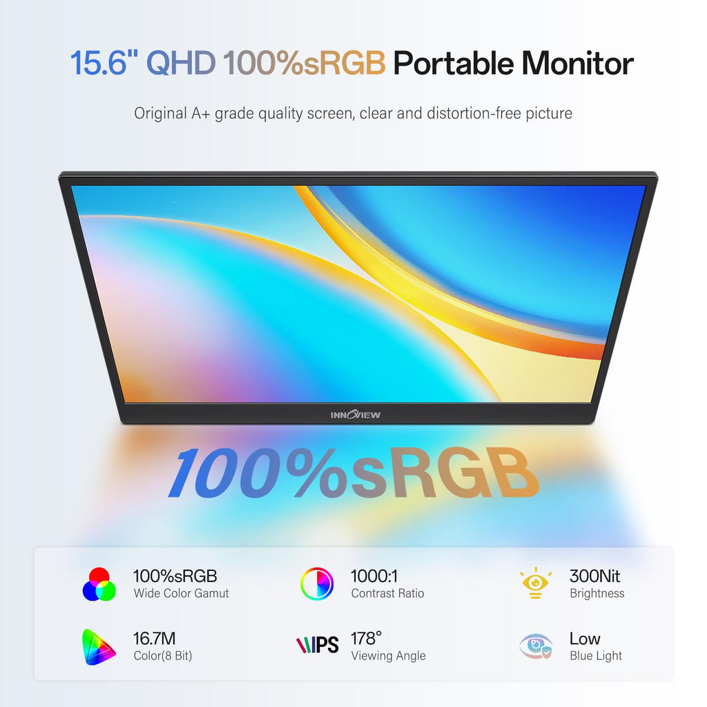 InnoView 2K Portable Monitor for Laptop 15.6" 2560×1440 QHD 100% sRGB Built-in Speaker USB C Standard HDMI External Second Screen for Mac Laptop Phone PS4/5 Xbox Switch
