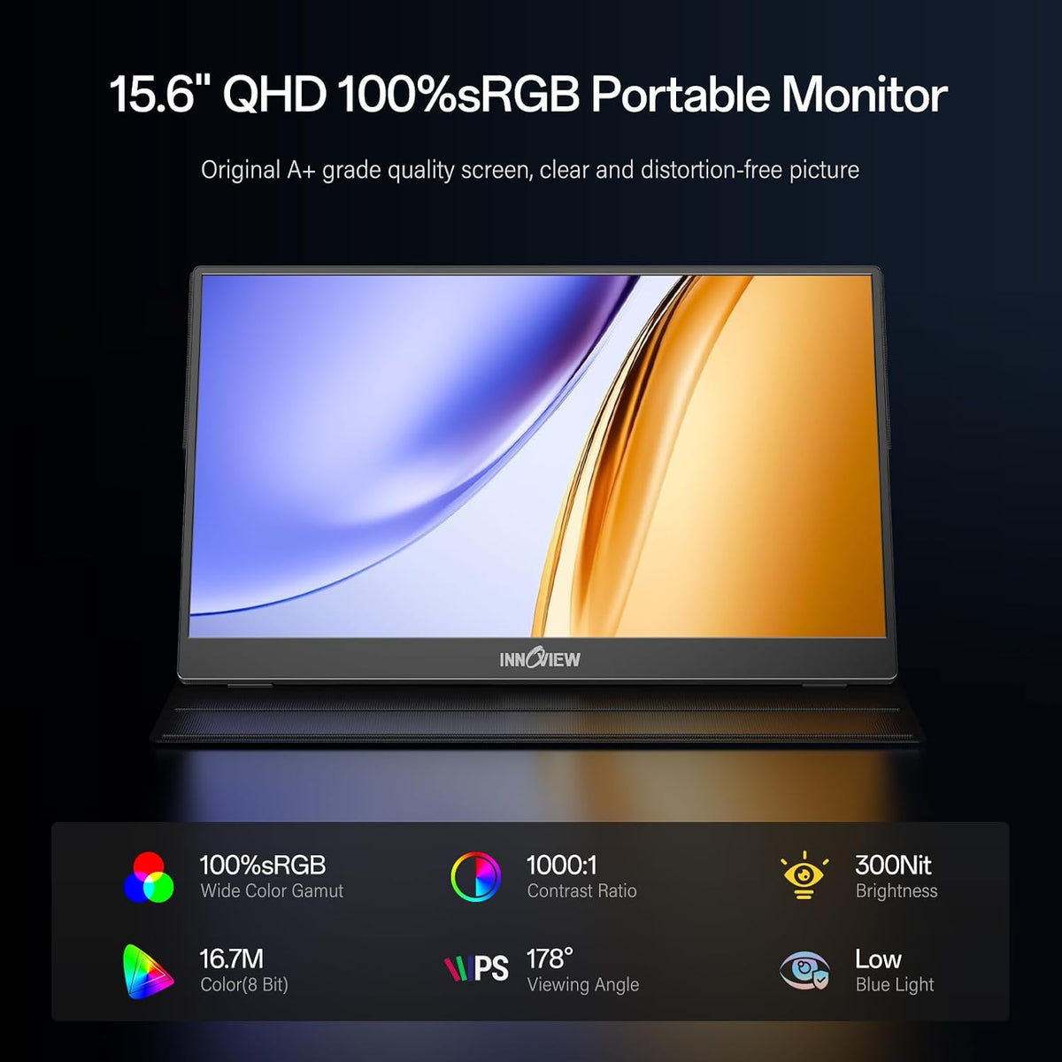 InnoView 2K Portable Monitor for Laptop 15.6" 2560×1440 QHD 100% sRGB Built-in Speaker USB C Standard HDMI External Second Screen for Mac Laptop Phone PS4/5 Xbox Switch