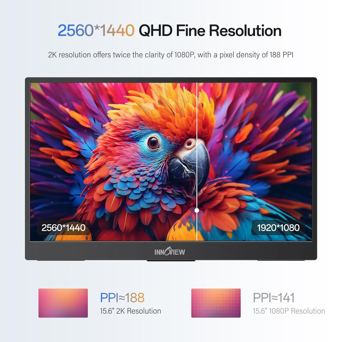 InnoView 2K Portable Monitor for Laptop 15.6" 2560×1440 QHD 100% sRGB Built-in Speaker USB C Standard HDMI External Second Screen for Mac Laptop Phone PS4/5 Xbox Switch