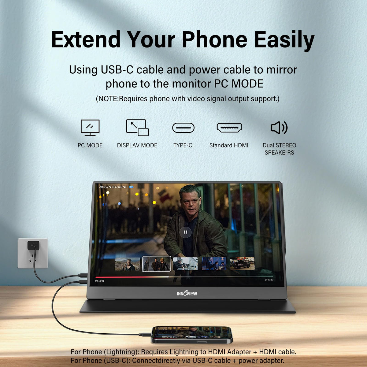InnoView 2K Portable Monitor for Laptop 15.6" 2560×1440 QHD 100% sRGB Built-in Speaker USB C Standard HDMI External Second Screen for Mac Laptop Phone PS4/5 Xbox Switch