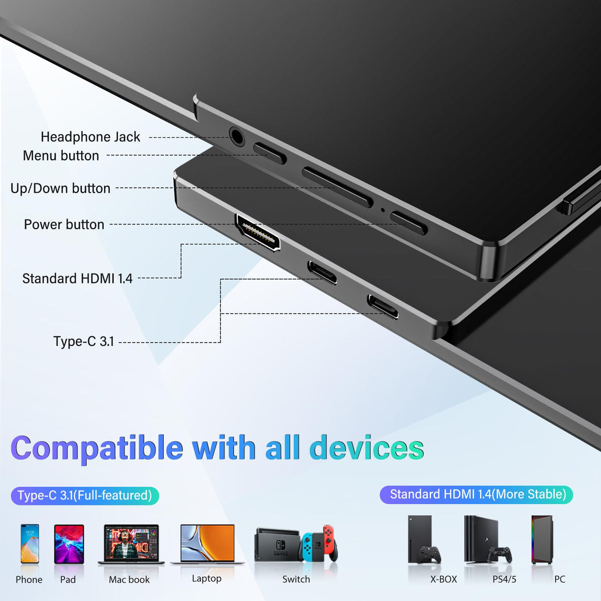 InnoView 2K Portable Monitor for Laptop 15.6" 2560×1440 QHD 100% sRGB Built-in Speaker USB C Standard HDMI External Second Screen for Mac Laptop Phone PS4/5 Xbox Switch