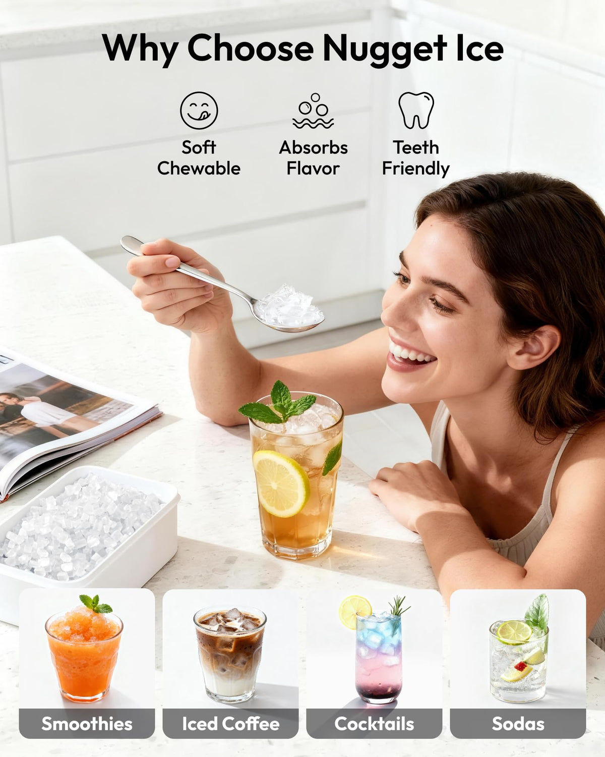 EUHOMY Nugget Ice Maker Countertop with Handle, Ready in 6 Mins, 34lbs Per Day, Removable Top Cover, Auto-Cleaning, Portable Sonic Ice Maker with Basket and Scoop, for Home/Party/RV/Camping (Black)
