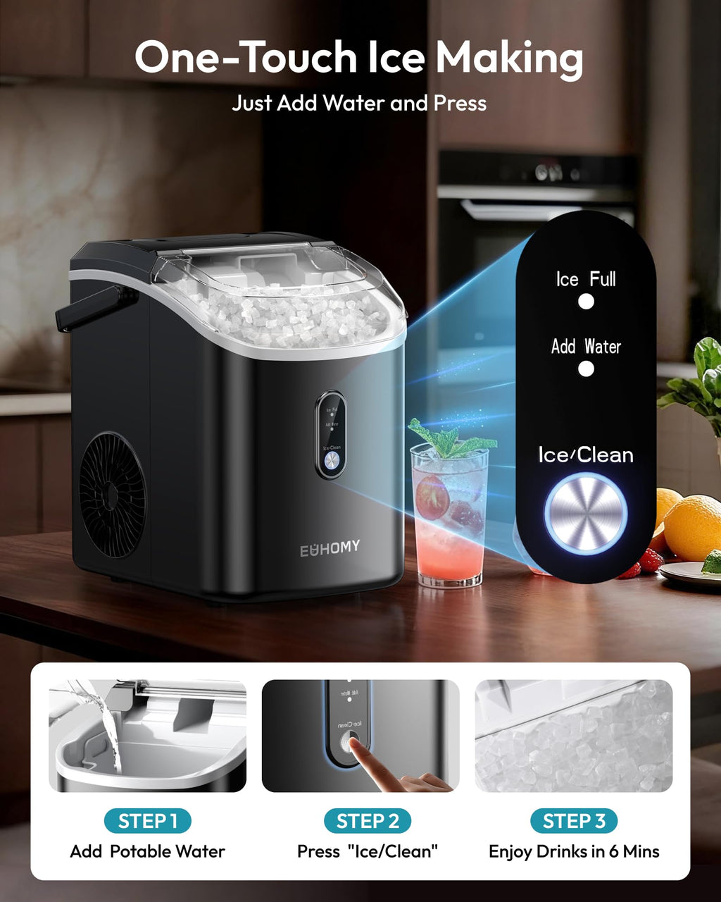 EUHOMY Nugget Ice Maker Countertop with Handle, Ready in 6 Mins, 34lbs Per Day, Removable Top Cover, Auto-Cleaning, Portable Sonic Ice Maker with Basket and Scoop, for Home/Party/RV/Camping (Black)