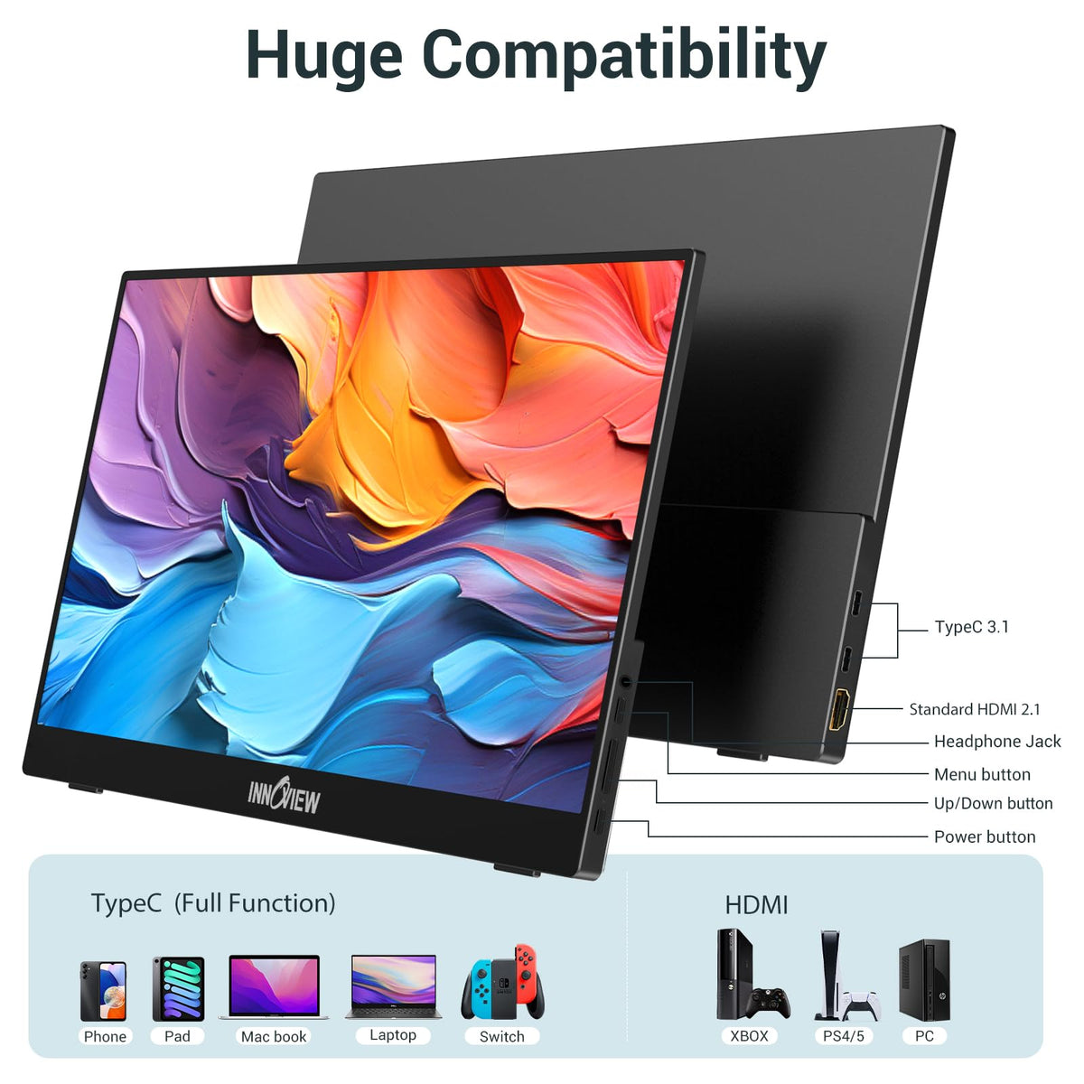 InnoView 2K Portable Monitor for Laptop 15.6" 2560×1440 QHD 100% sRGB Built-in Speaker USB C Standard HDMI External Second Screen for Mac Laptop Phone PS4/5 Xbox Switch